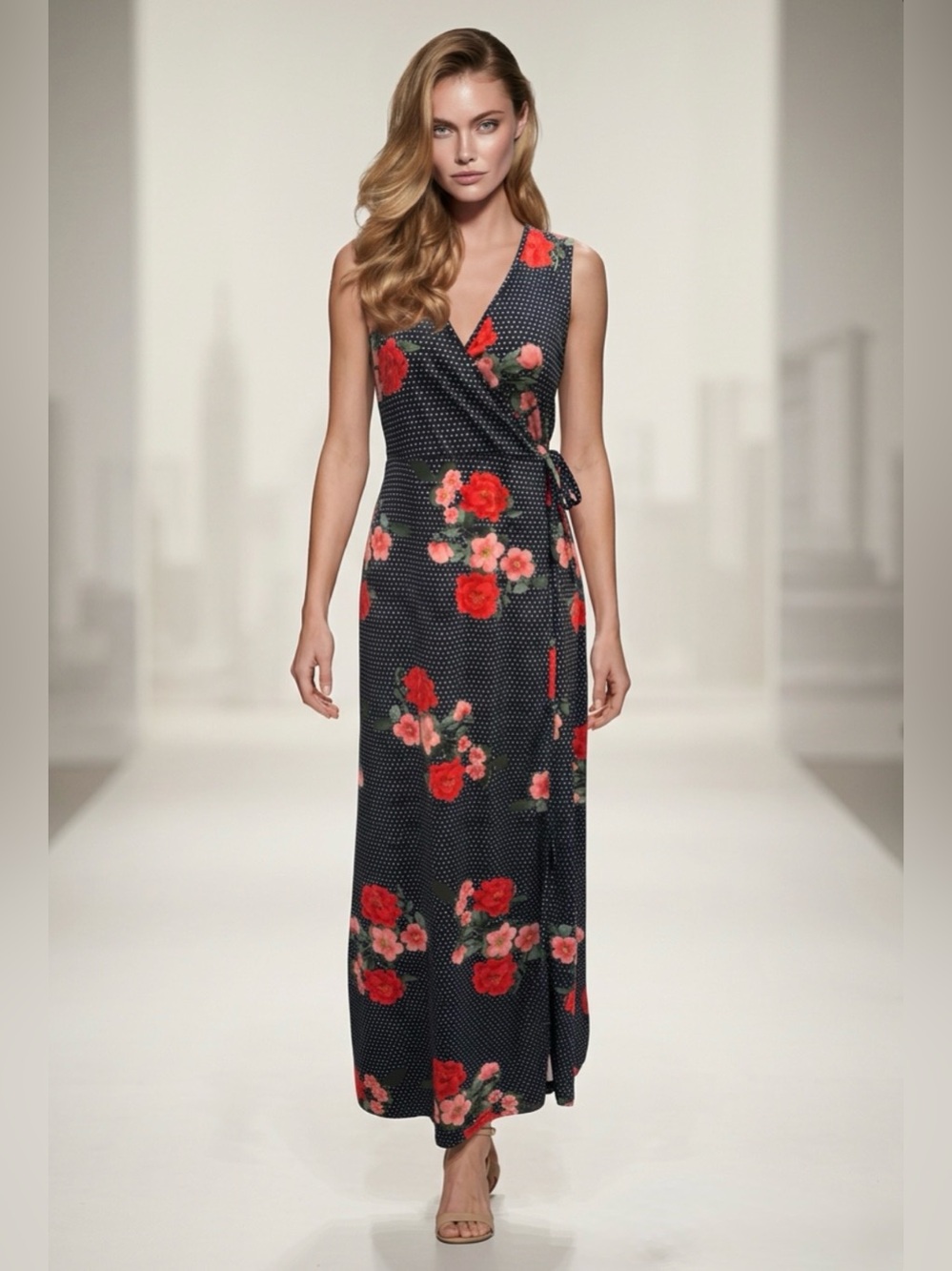 Nina Leonard Black Maxi Wrap Dress with Red & Pink Floral Print